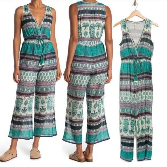 RAGA Caravan Sleeveless V-Neck Printed Jumpsuit Teal Small - Picture 1 of 2